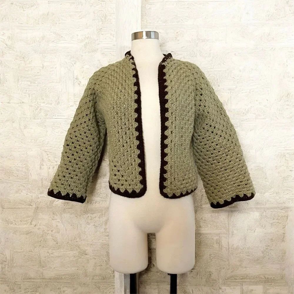 Handmade Tan Brown Crochet Cardigan Top Scallop Small Bell Sleeve